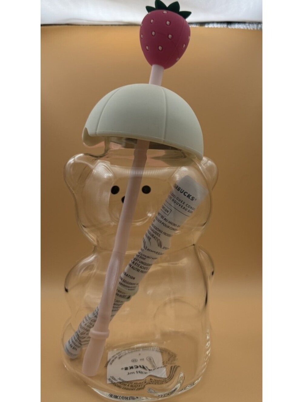 Starbucks Bear-Shaped Clear Cup w/ Pink Straw & Strawberry Topper 2 Cup Set - Picture 4 of 7
